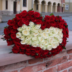 Фото товару 101 роза сердцем с красным ободком